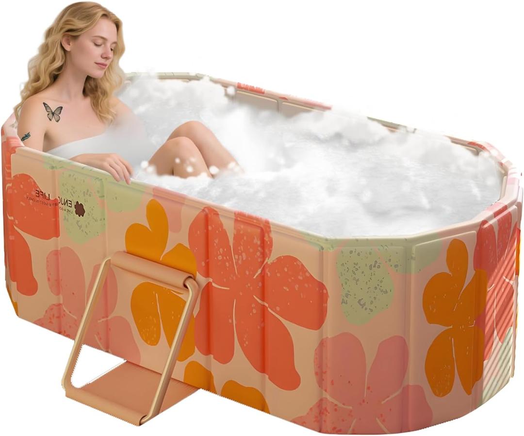 Gets 59" XXL Oval Ice Bath Tub For Athletes, Portable Bathtub for Adults Foldable Soaking Standing Hot Bath Tub for Shower Stall, Separate Family Bathroom SPA (Pink,59"22"19") (Pink Without Lip)