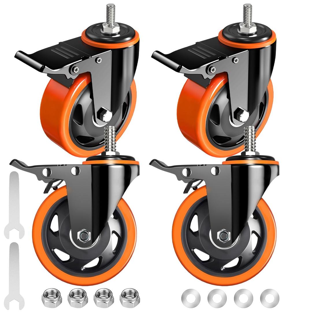 Stem Caster Wheels 4 inch Locking Threaded Stem Casters Set of 4 Heavy Duty, 1/ 2"-13 x 1(Stem Diameter 1/ 2", Stem Length 1"), No Noise Swivel Casters Industrial Castor Wheels for Cart, Furniture
