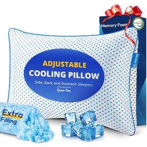Cooling Gel Memory Foam Pillow Queen Size for Sleeping 1 Pack, Thick Adjustable Firm Shredded Foam Bed Pillows for Side, Back, Stomach Sleepers, Soft Yet Support, CertiPUR-US Bamboo Rayon College Dorm (White)