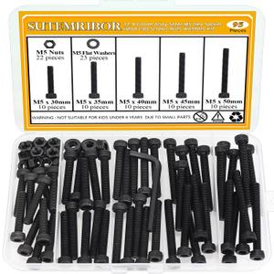 M5 Black Screws, Nuts & Washers Set - 95 Pieces, 12.9 Grade Alloy Steel, Fully Threaded, 30/35/40/45/50mm Hex Socket Head Cap Screws