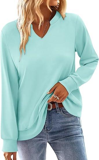 StunShow Women Sweatshirts Long Sleeve Shirts V Neck Casual Cute Loose Fit Lightweight Pullover Tops (Small, 1a Camel)