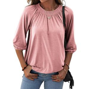 Grlasen Women's Solid Crew Neck T Shirt Blouse Cotton Half Sleeve 3/4 Sleeve Casual Loose Pleated Basic Tops (X-Large, Pink) Grlasen Women's Solid Crew Neck T Shirt Blouse Cotton Half Sleeve 3/4 Sleeve Casual Loose Pleated Basic Tops (X-Large, Pink)