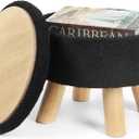Ottoman Foot Rest, Small Round Ottoman with Storage, Boucle Teddy Velvet Footstool with Wood Legs, Soft Sponge Storage Ottoman for Living Room, Bedroom, Couch, Enterway (Black)