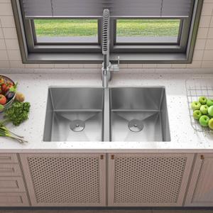 Sinber HU3219D 32" x 19" x 10" Undermount Double Bowl Kitchen Sink with 18 Gauge 304 Stainless Steel Satin Finish (Sink Only)