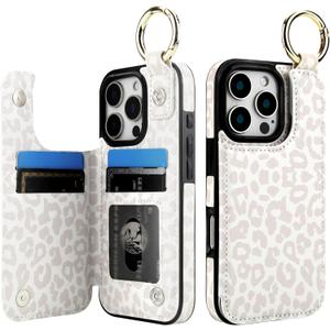 HAOPINSH for iPhone 16 Pro Wallet Case with Card Holder, White Leopard Cheetah Print Back Flip Folio PU Leather Kickstand Card Slots Case, Finger Grip Ring Double Magnetic Clasp Shockproof 6.3"