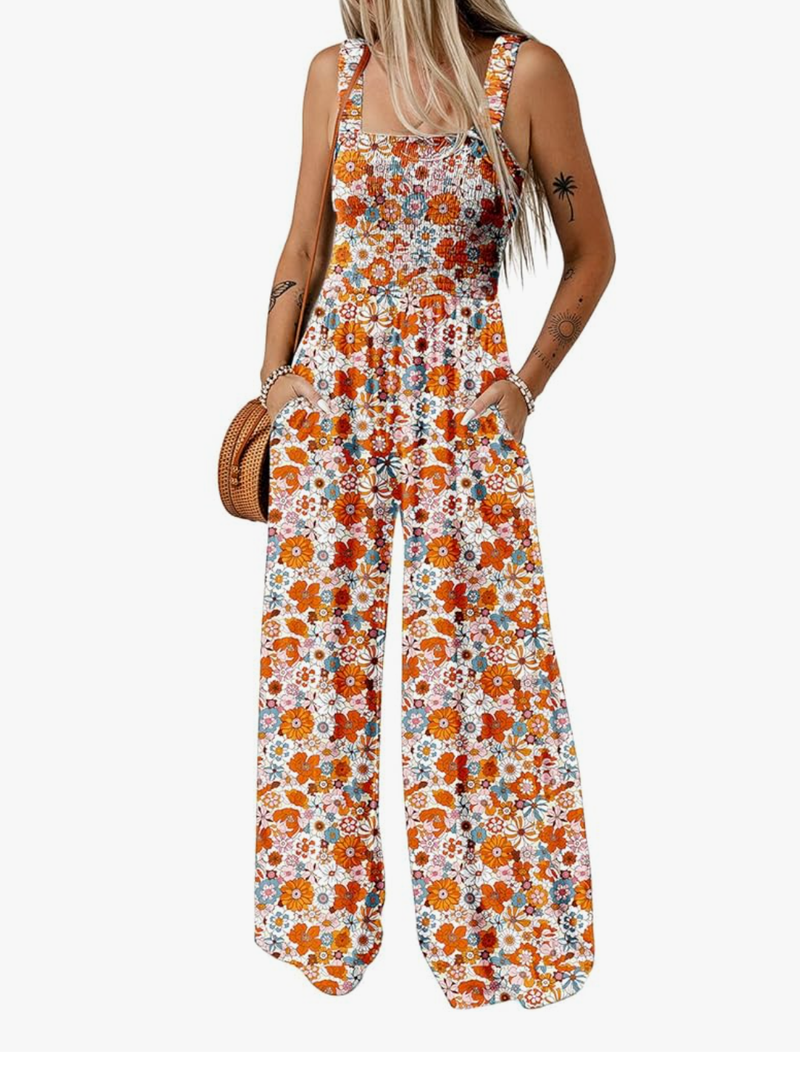 Dokotoo Women's Casual Loose Overalls Jumpsuits One Piece Sleeveless Printed Wide Leg Long Pant Rompers With Pockets XL