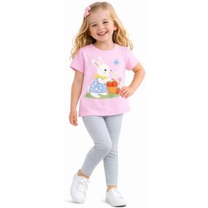HILEELANG Toddler Little Girls Easter Spring Bunny Graphic Tee and Leggings Outfit Set, Size 6Y