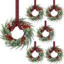 6 Pcs 8" Mini Christmas Wreaths for Kitchen Cabinet Small Christmas Candle Rings Wreaths, Front Door Pillars/Home Table Centerpieces Hanging Garlands, for Windows/Wedding Decor (No Red Ribbon)