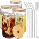 Drinking Glasses with Bamboo Lids and Glass Straw 4pcs Set - 16oz Glass Cups, Iced Coffee Glasses, Cute iced Tea Glasses, Beer Glasses, Ideal for Coffee Bar Accessories, Aesthetic Gift - 2 Brushes One Cup Missing