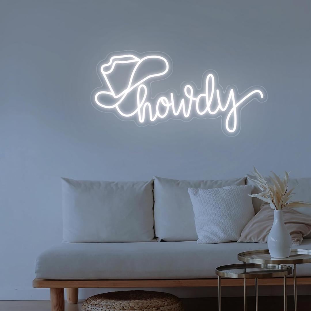 Howdy Neon Sign Led Cowboy Cowgirl Hat Western Wall Art Decor Neon Light Up Signs for Bar Party Home Bedroom Dorm 20 inches (White)