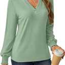 GKBK Womens Long Sleeve Shirts Fall Tops V Neck Business Dressy Casual Blouses with Smocked Cuffs (Green, L)