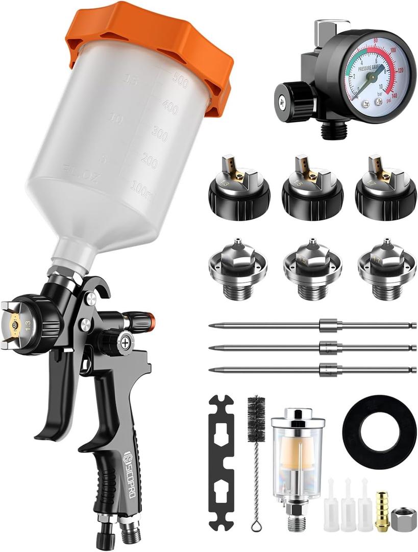 LVLP Air Paint Sprayer Gun for Cars House Painting, Paint Guns Automotive Premium Kit, 1.3/1.5/1.7mm High-Precision Nozzles, Varnish and Top Coat,with Oil-Water Separator, Air Regulator (Gray2)