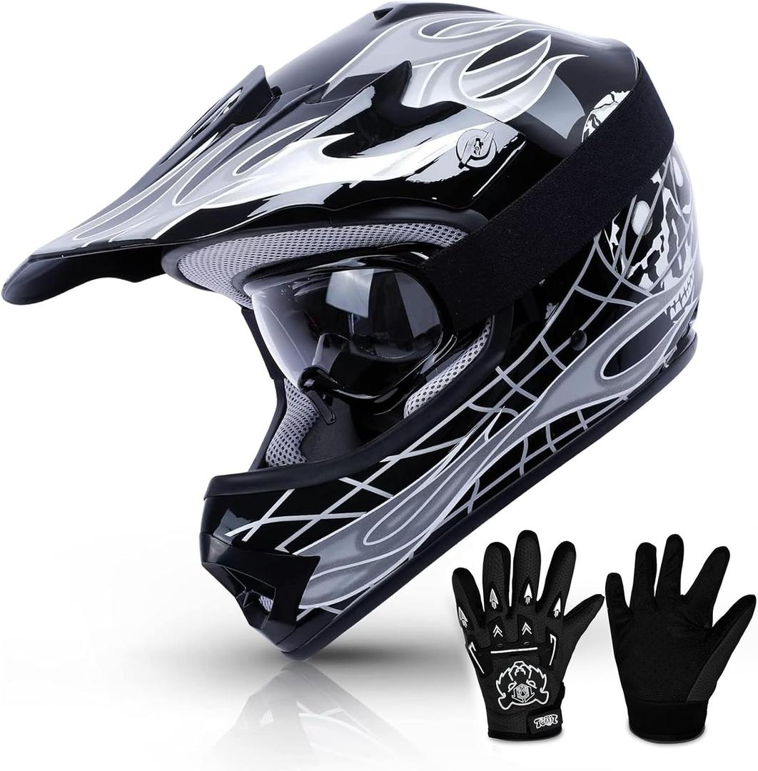 TCMT Youth Dirt Bike Helmet DOT Certified - Kids Full Face Motocross ATV Helmet with Goggles, Gloves and Helmet Bag for Off-Road, BMX, MX, Street Riding, Youth X-Large