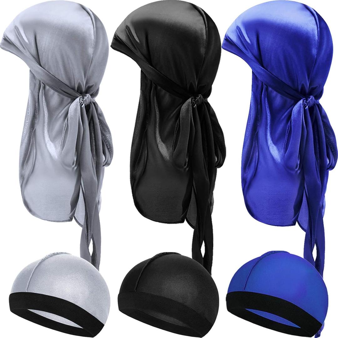 6 Pieces Kids Satin Durags with Wave Caps Set Unisex 360 Wave Headwraps with Long Tail and Wide Straps (One Size, Silver, Black, Blue)