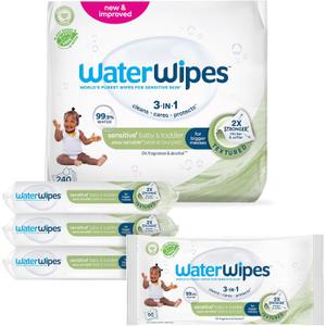 WaterWipes Sensitive+ Baby & Toddler Wipes, 3In1 Cleans, Cares, Protects, 99.9% Water, Textured Clean, Unscented & Hypoallergenic, 240 Count (4 Packs)
