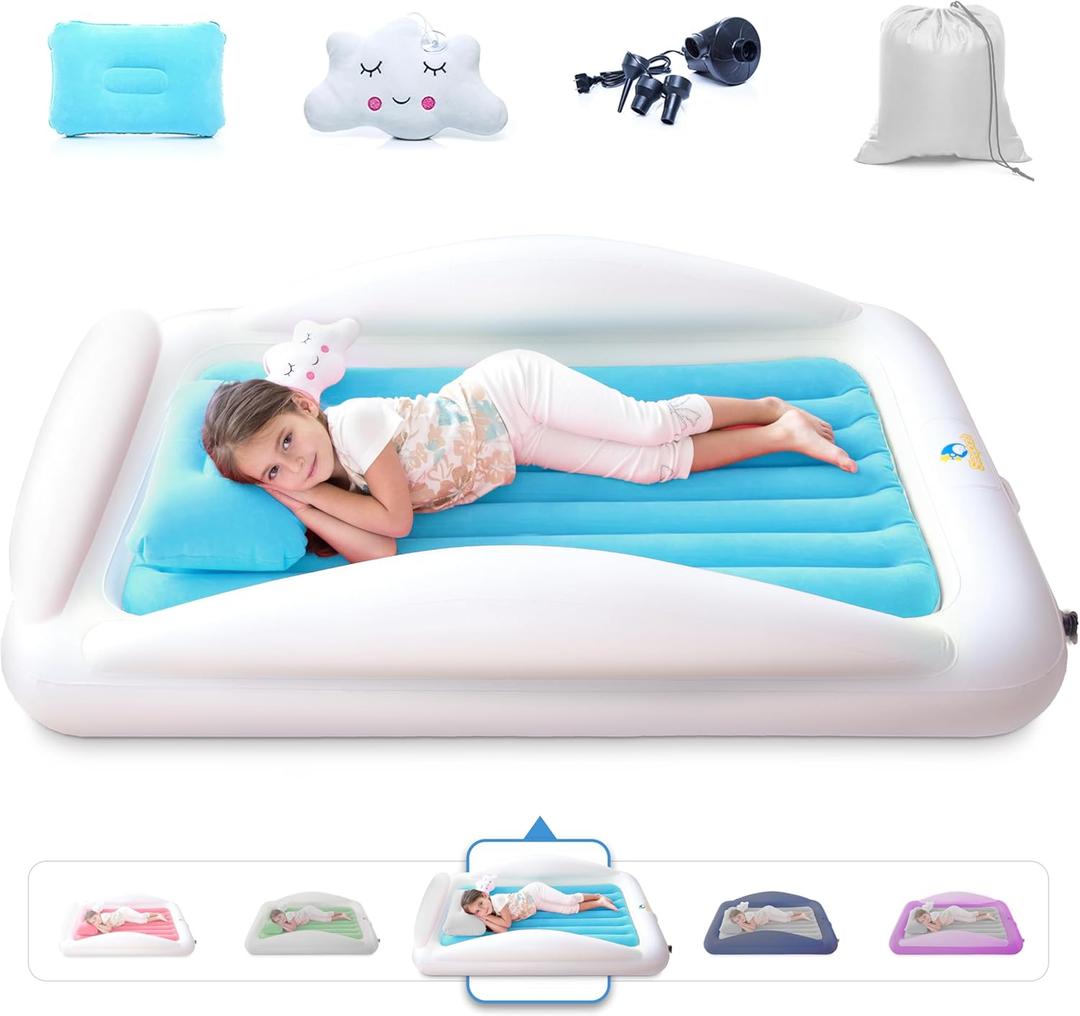 Sleepah Inflatable Toddler Travel Bed Portable Kids Air Mattress Set w Safety Bed Rail Guards for Kids & Toddlers  Set Includes Pump, Carry Case, Pillow & More - Perfect Transitional Cot Aqua