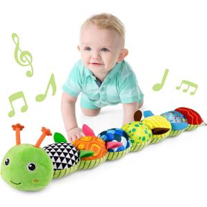 LIGHTDESIRE Baby Toys Musical Caterpillar,Infant Toys Stuffed Animals with Ruler Design,Mirror,Pull String&Ring Bell,Baby Teething Toys for Tummy Time Toy Newborn Gift 3 6 12 Months(Green,Leafy Limb)