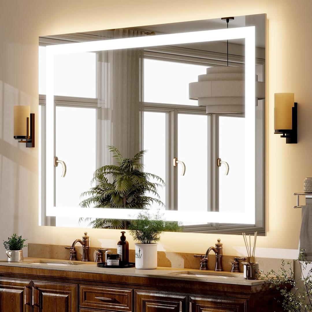 GLSLAND 26"x38" LED Bathroom Mirror with Lights, Dimmable Front and Backlit Vanity Mirrors, Wall Mounted Anti-Fog Lighted Mirror, Horizontal/Vertical Hanging