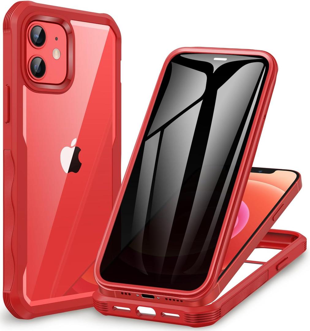 CENHUFO Privacy for iPhone 12 Case/iPhone 12 Pro Case, Full Body Phone Case with Built-in 9H Tempered Glass Privacy Screen Protector and Camera Lens Protector, Shockproof Bumper Clear Cover -Red