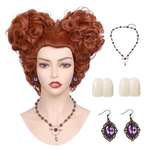 FantaLook Short Heart Styled Reddish Brown Heat Resistant Wig with Teeth Necklace Earrings for Halloween Party