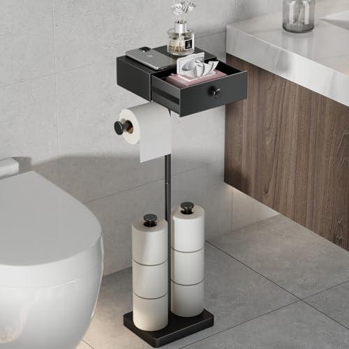 VOLDRA Toilet Paper Holder Stand with Shelf, Free Standing Black Toilet Paper Roll Holder with Wipes Storage Drawer Heavy Duty Floor Bathroom Tissue Holder Freestanding No Drill Tp Holder for 7 Rolls