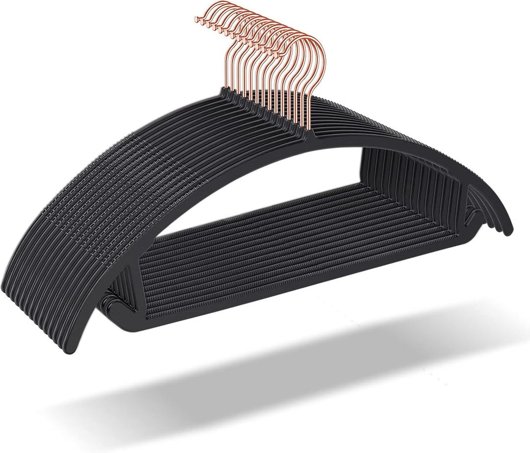 OIKA Hangers 50 Pack No Shoulder Bump - Space Saving Huggable Closet Hangers with 360° Rotating Hooks, Heavy Duty Non-Slip for Shirts, Pants, Coats (Black) (black-17.7inch)