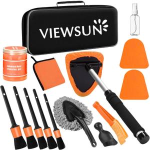 Viewsun Windshield Cleaner Tool, 15Pcs Car Interior Cleaning Kit, Detailing Kit Cleaner, Detailing Brush, Cleaning Gel, Inside Cleaning Supplies Accessories for Trucks, SUVs, RVs Window (Orange)