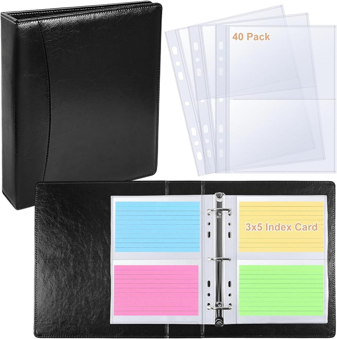 BYSTER 3x5 Index Card Holder, 40 Pack 160 Pockets A5 Binder Index Card Sleeve Pages, Ultra-Clear Protective Sleeves Faux Leather Index Card Binder for Photos, Seed Packets & Note, Side Loading (Black)