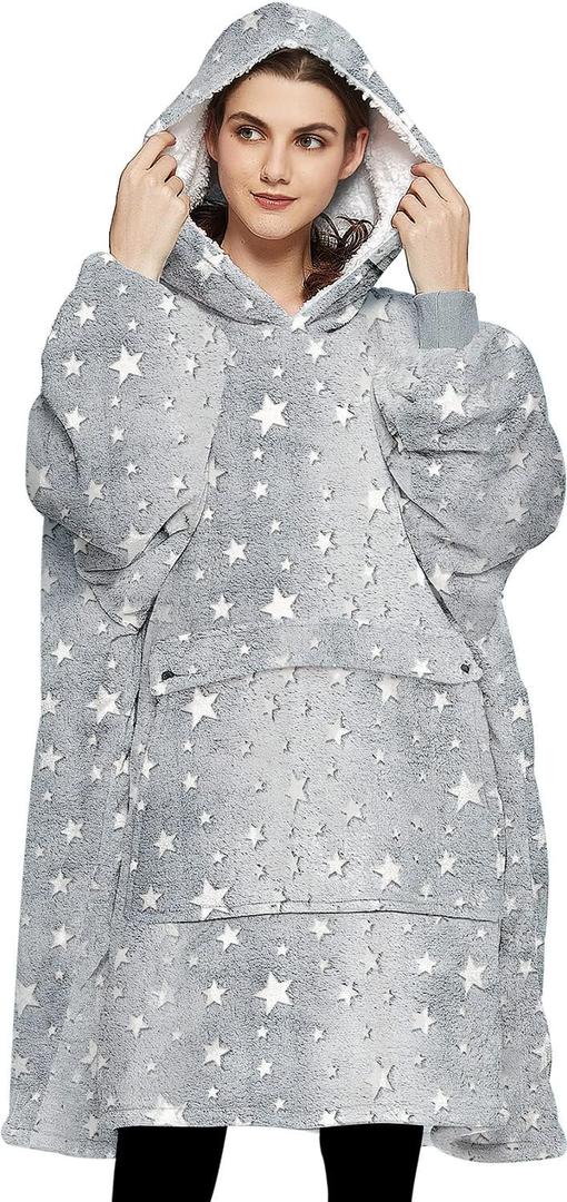 KFUBUO Wearable Blanket Hoodie for Adults Sherpa Glow in The Dark Oversized Sweatshirt Blanket with Pockets Cute Birthday Gifts for Women