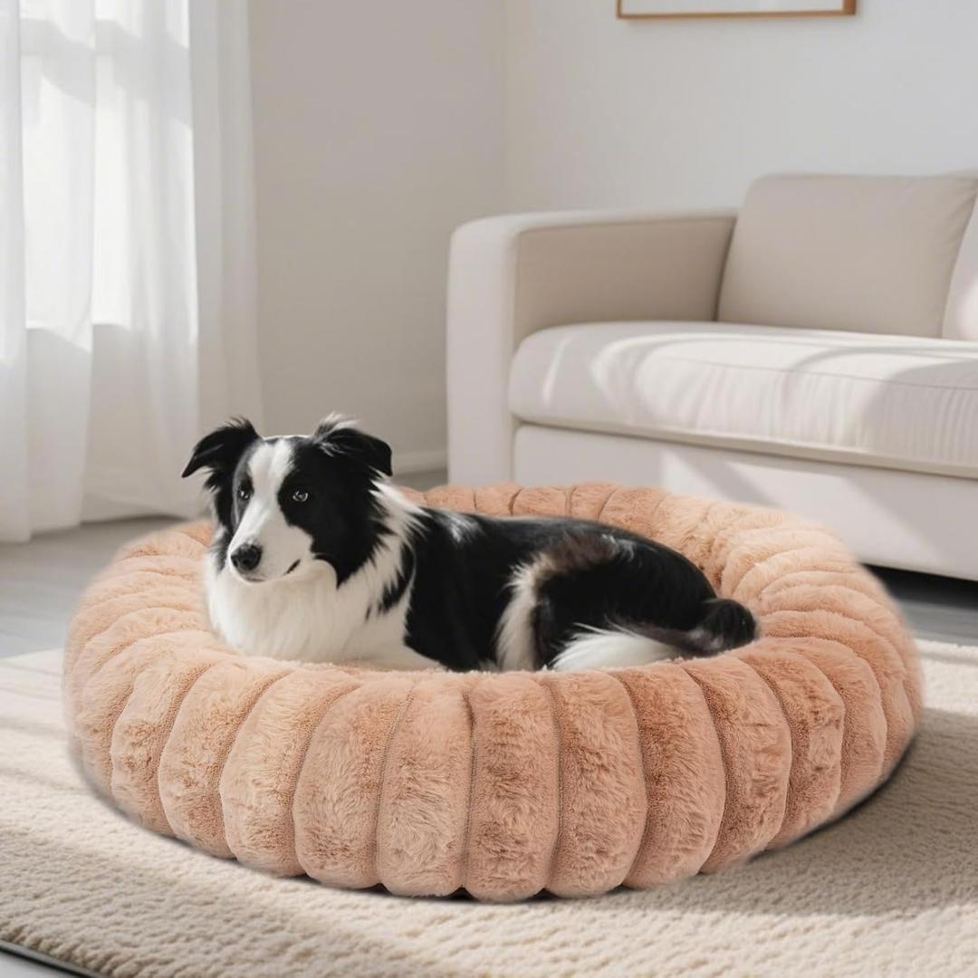 Donut Dog and Cat Bed, Luxurious Comfortable Faux Rabbit Fur Pet Beds, Round Anti-Anxiety Calming Puppy Kitten Bed with Anti-Slip Bottom for Small Medium Dogs & Cats(25", Brown) (L(31*31*8))