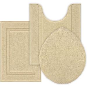 SHACOS Microfiber Bathroom Rugs Set of 3 with Toilet Lid Cover Non Slip Washable Bath Mat Absorbent Bathroom U Shape Toilet Rug 20"x24"+Toilet Lid Cover 19"x21", Light Beige