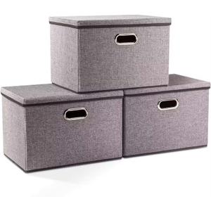 3 Pack Collapsible storage bins with lid. Foldable Storage bins for shelves, closet, office bedroom, or nursery. Containers made with linen fabric and stainless steel handles for organizing.
