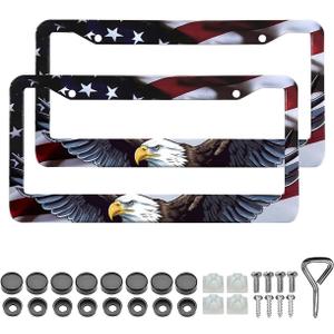 American Flag Eagle License Plate Frames - 2 Pack Front Rear Patriotic Matte Gloss Stars Stripe US Flag Stainless Steel Rust-Proof Waterproof Car Tag Frame Holder Covers with Screws Fasteners Caps