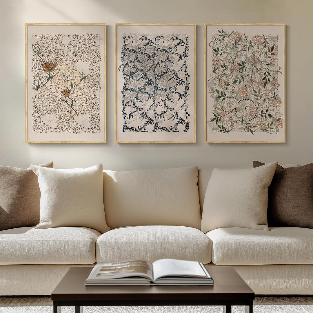 Framed Large Vintage William Morris Wall Art, Neutral Abstract Floral Canvas Artwork Prints, Rustic Boho Farmhouse Flower Botanical Picture Prints for Living Room Bedroom Hallway Office 16x24 Inch