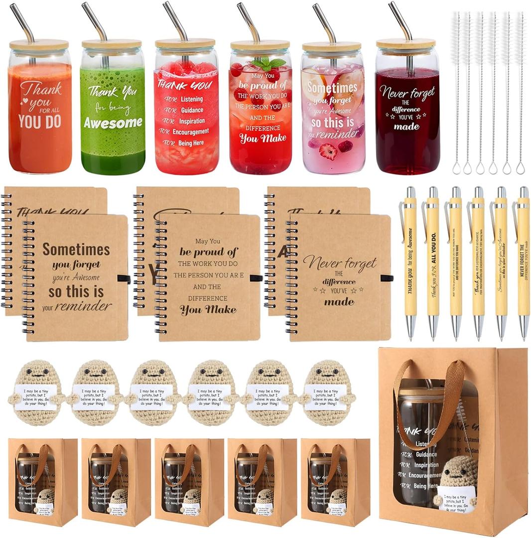 42 Pcs/6 Sets Employee Appreciation Gifts Bulk - Includes 16oz Glass Cups with Bamboo Lid, Positive Crochet, Kraft Paper Gift Bags & Straw - Thank You Gifts for Coworkers, Teachers, Staff & Team