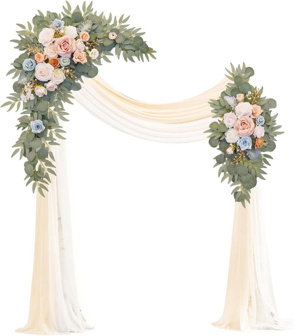 Muhanjia Artificial Wedding Arch Flowers Kit(Pack of 4),2Pcs Artificial Flower Arch Decor, 2Pcs Chiffon Fabric Drapes, Ceremony Decoration, Floral Outdoor Party Decor (Champagne & Blue)