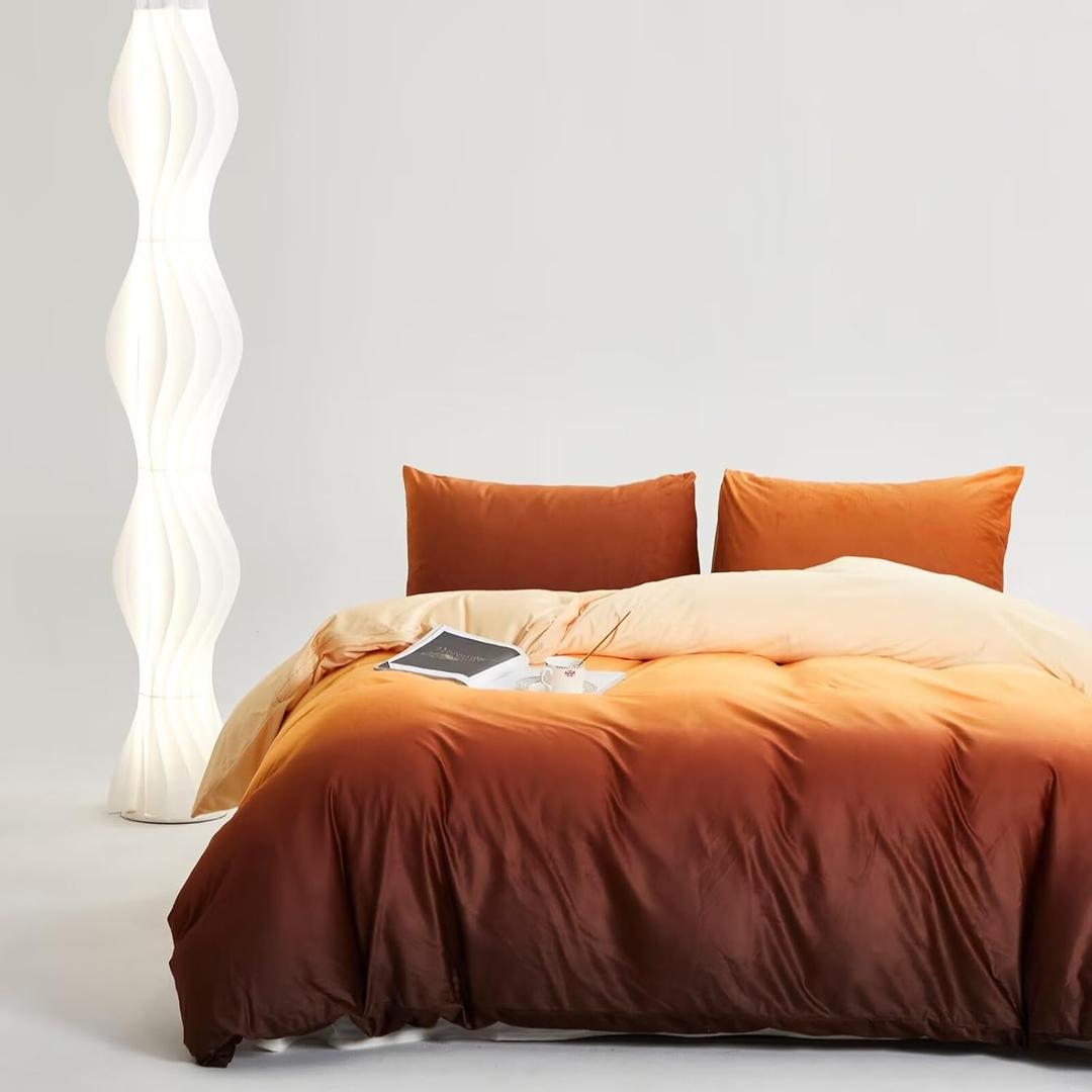 Houseri Yellow White Gradient Velvet Duvet Cover Queen Fluffy Ombre Orange Sherpa Bedding Duvet Cover Sets Full Extra Soft Comfy Orange Brown Flannel Fuzzy Duvet Covers, Queen Size