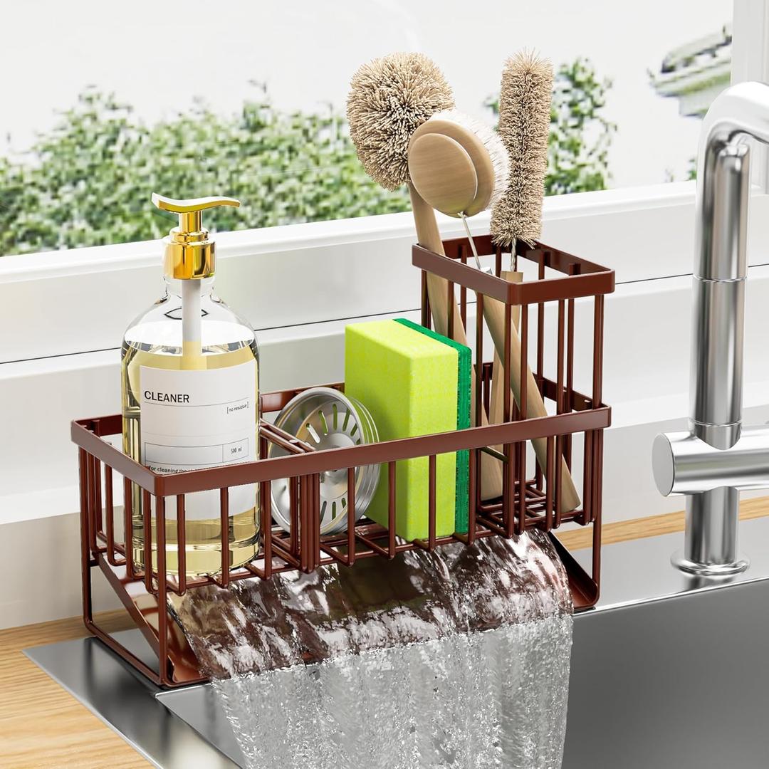 Cisily Kitchen Sink Caddy, Sponge Holder for Kitchen Sink, Kitchen Sink Organizer and Storage with High Brush Holder, Rustproof 304 Stainless Gadgets Sink Accessories(Brown) (9.25)