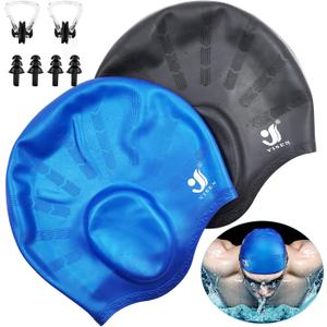 Unisex Swim Caps Ear Protection,2 Pack Silicone Swimming Caps for Short/Long Hair with Ear Plugs&Nose Clip,Waterproof Flexible Swimming Hat for Women Men Adults Kids,Easy to Put On and Off,Black+Blue