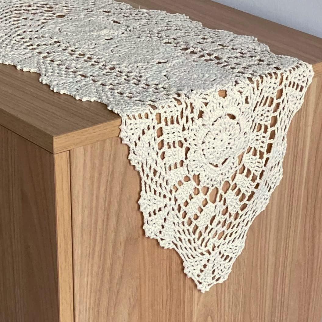 Hand Crochet Lace Table Runner Farmhouse Boho Dresser Scarf (12" x 40")