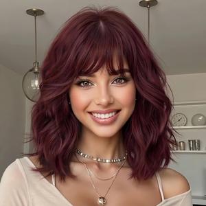 Lativ Red Wig With Bangs Bob Wigs for Women Short Wavy Curly Shoulder Length 14 Inches Synthetic Hair for Halloween Costumes Cosplay Daily Use
