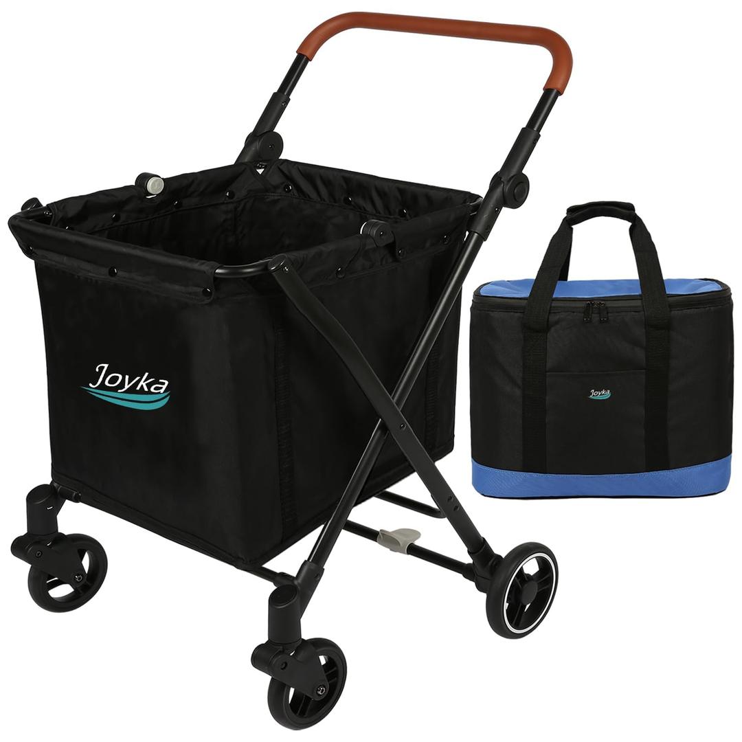 Foldable Shopping Cart 85 Liters Grocery Cart with Cooler Bag Utility Cart Shopping Trolleys with Larger Capacity Rolling Front Swivel Wheels Adjustable for Office Picnic Groceries Laundry
