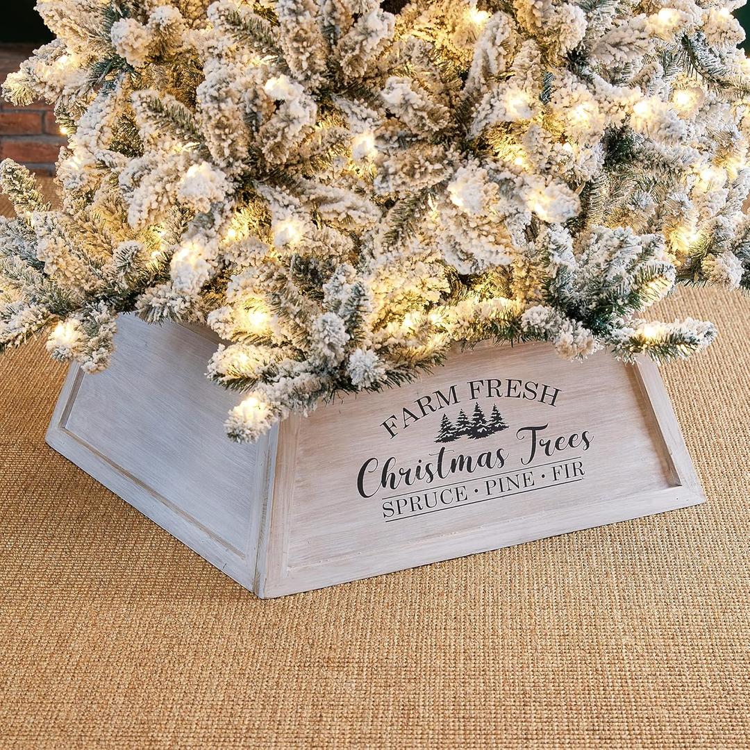 Glitzhome 26" L Washed White Wooden Tree Collar, Rustic Trapezoid Tree Stand Cover Farm Fresh Christmas Tree Skirt Box