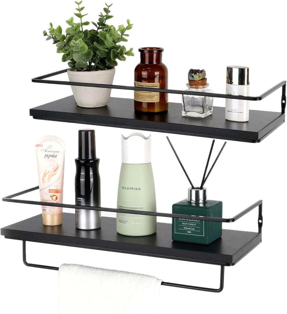Floating Bathroom Shelves Set of 2 Wall Mounted Shelf with Black Metal Frame and Towel Rack for Bathroom Over Toilet Storage and Organizers for Bedroom Living Room Kitchen Office