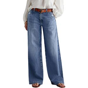Flamingals Wide Leg Jeans for Women Mid Waist Baggy Stitch Decor Denim Washed Pants Without Belt (XXXL)