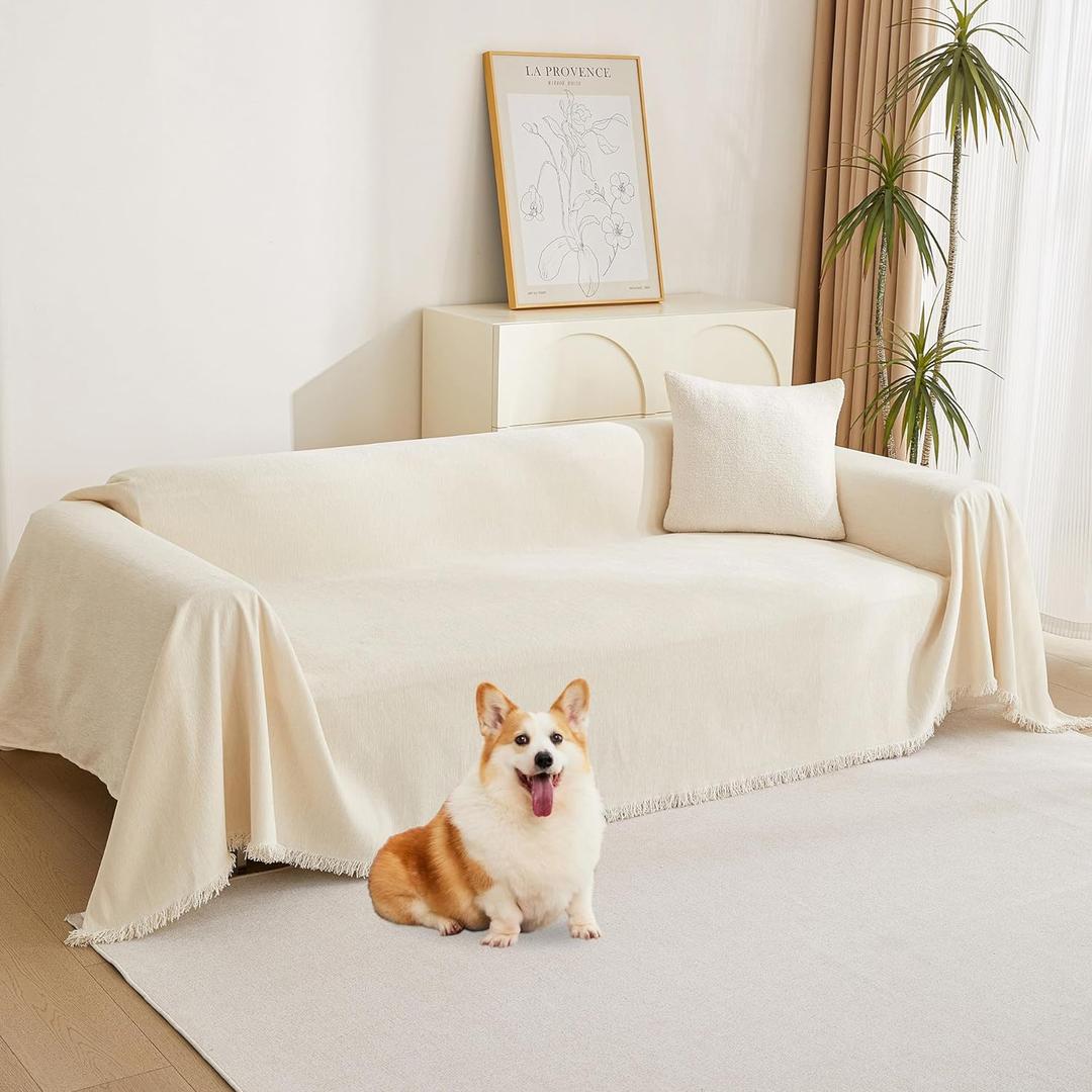 MYSKY HOME Loveseat Cover Beige Couch Cover Sectional Couch Covers for 2 Cushion Couch Sofa Thick Universal Chenille Sofa Cover with Tassel Durable Furniture Protector for Dogs 91" x 118" (Tassels Edge-beige)