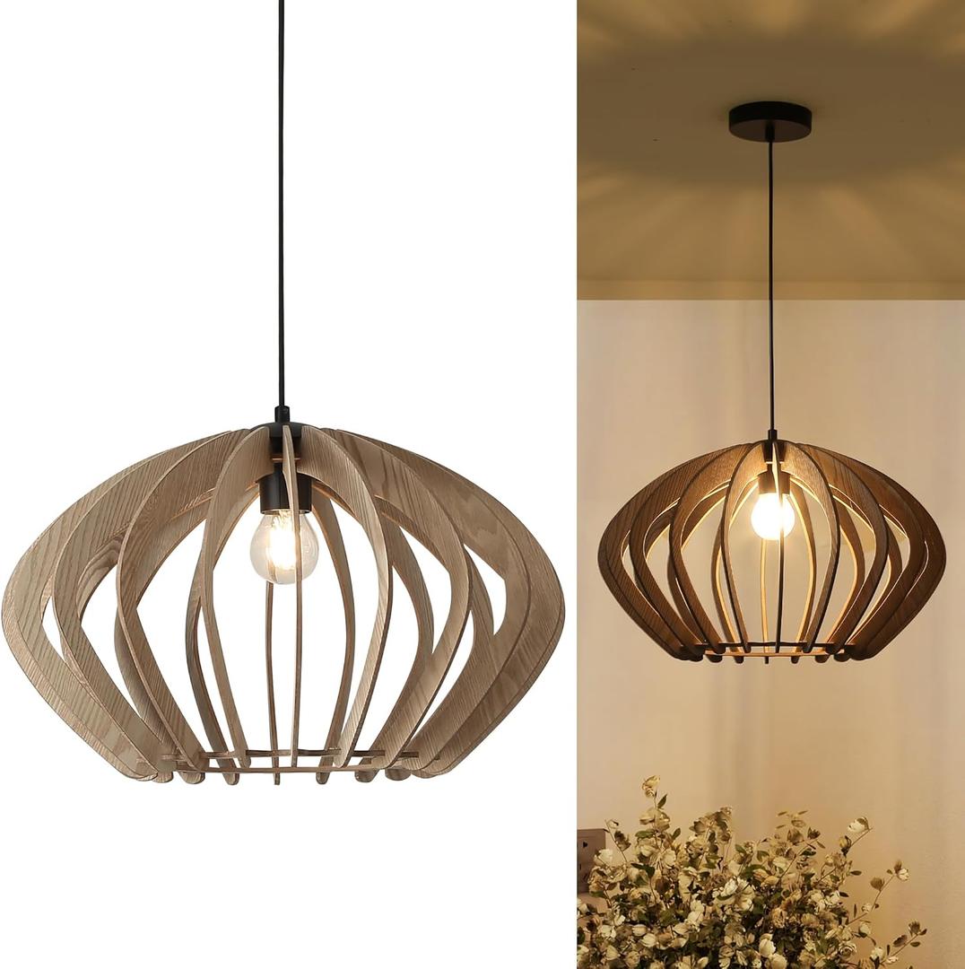 Vintage Wood Pendant Light Fixtures, Modern Farmhouse Walnut Lantern-Shape Dining Room Chandelier, Mid-Century Ceiling Mount Hanging Light Fixture for Kitchen Decor, Black