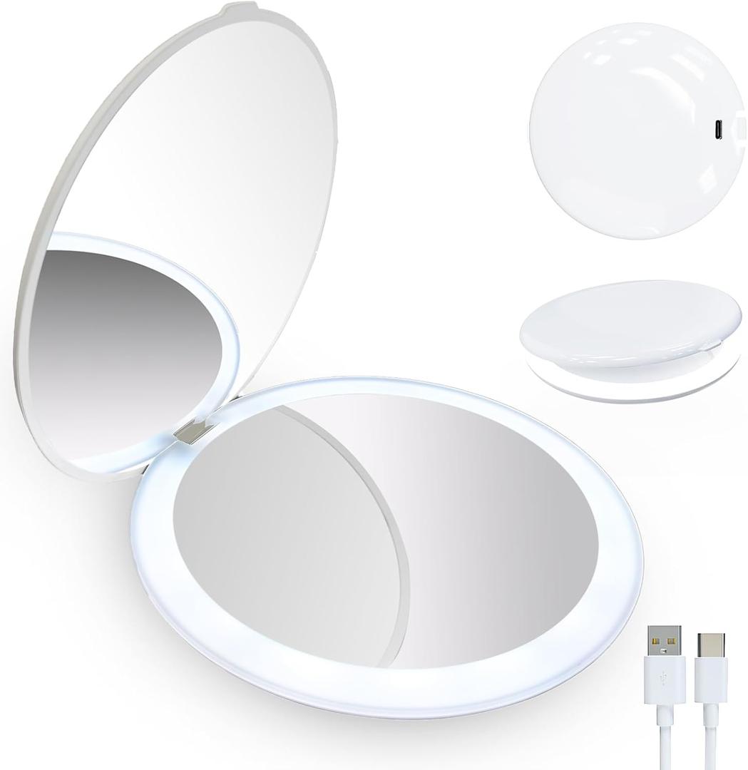 Smart Compact Makeup Mirror, 15 Auto On/Off Lights, 1X/5X Dual Sided Magnifying Portable Travel Makeup Mirror, Mirror for Handbag and Pocket, Rechargeable Mirror for Girls (with USB Cable) (White Round-three-color Lamp)