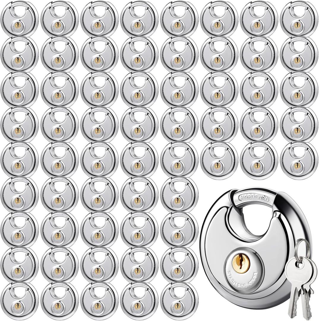 Moxweyeni 60 Pack Padlocks Alike Keyed, Stainless Steel Pad Locks with Same Key Discus 2-3/4 Inch Wide 3/8 Inch Diameter Shackle, Disc for Outdoor Use, Storage Unit, Sheds, Garages and Fence
