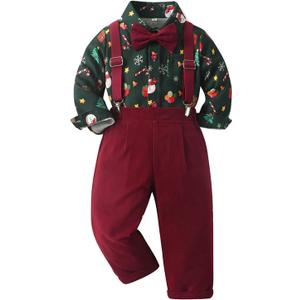 SALNIER Toddler Boy Suit Baby Boys Wedding Dress Outfit Formal Gentleman Clothes Set Dress Shirt Bowtie Suspenders Pants (5T, Christmas Print)